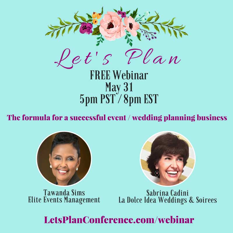 sabrina cadini speaking on free webinar for let's plan conference on vendor relationships and wedding questions, next wednesday may 31