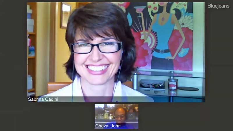 sabrina cadini being interviewed by cheval john of vallano media on the facebook live show what's the word about entrepreneurship and social media including live video